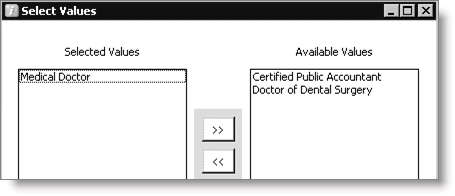 The Select Values window The Select Values window