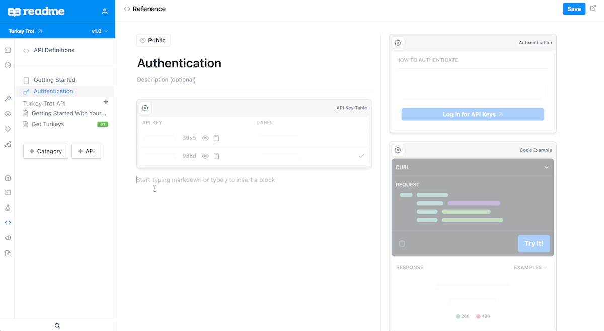 ⚠️ Note: the API Key Table, Authentication, and Code Example widgets cannot be edited.