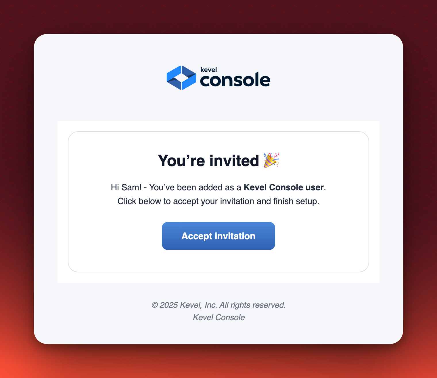 The default invitation email: the Kevel Console logo, the heading You're invited, a short message, an Accept invitation button and a Kevel footer.