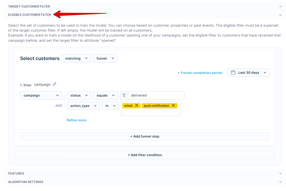 Custom prediction - multinomial classification eligible customer configuration