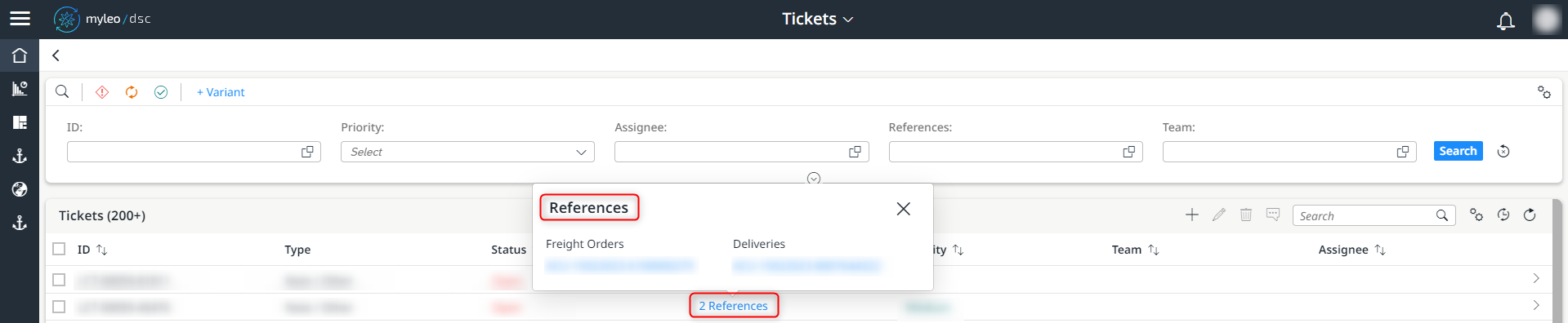 Display of the references within the ticket worklist