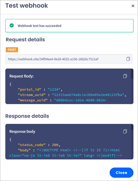 Screenshot of the webhook test details