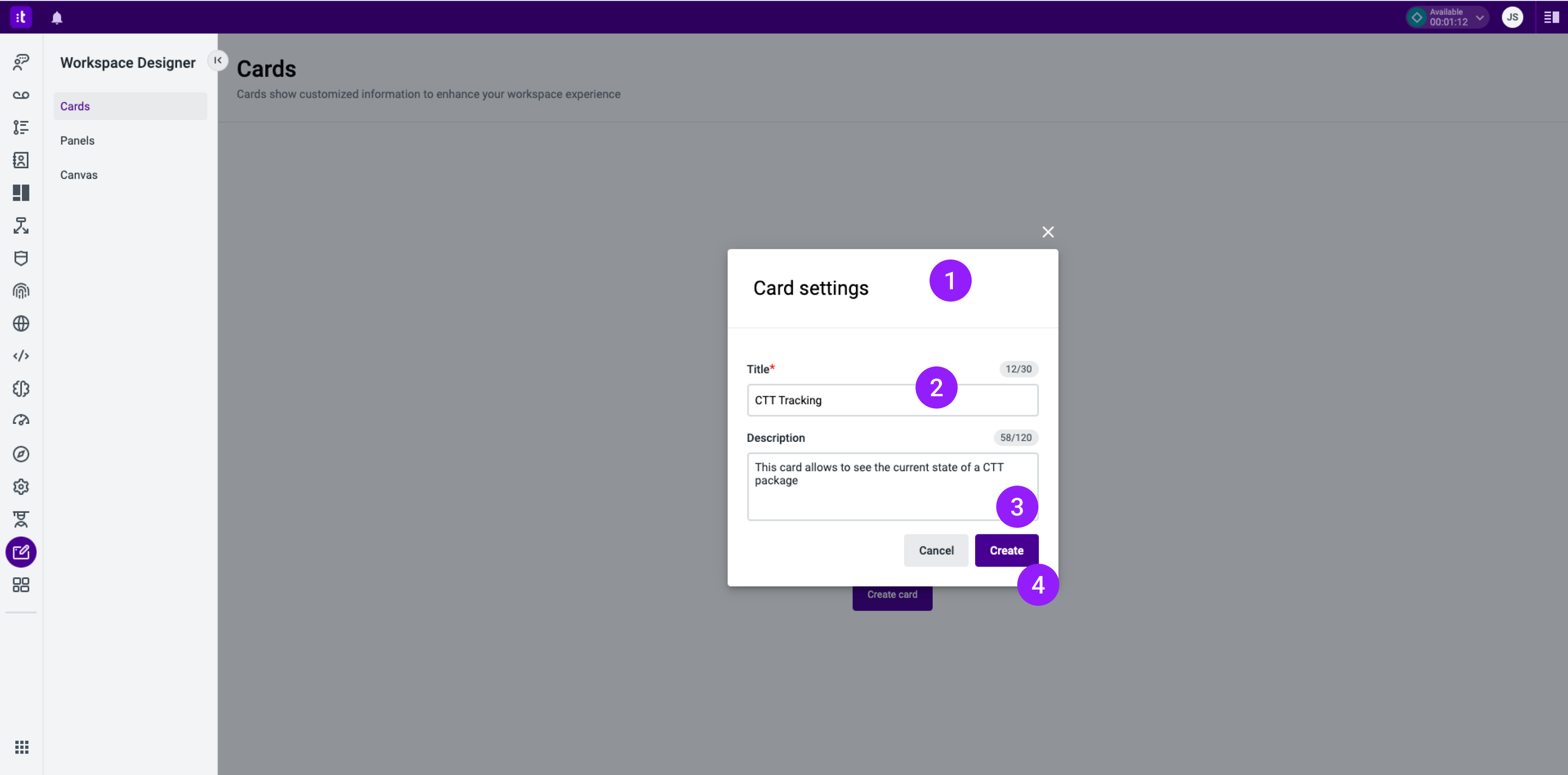 Figure 2 - Card settings modal