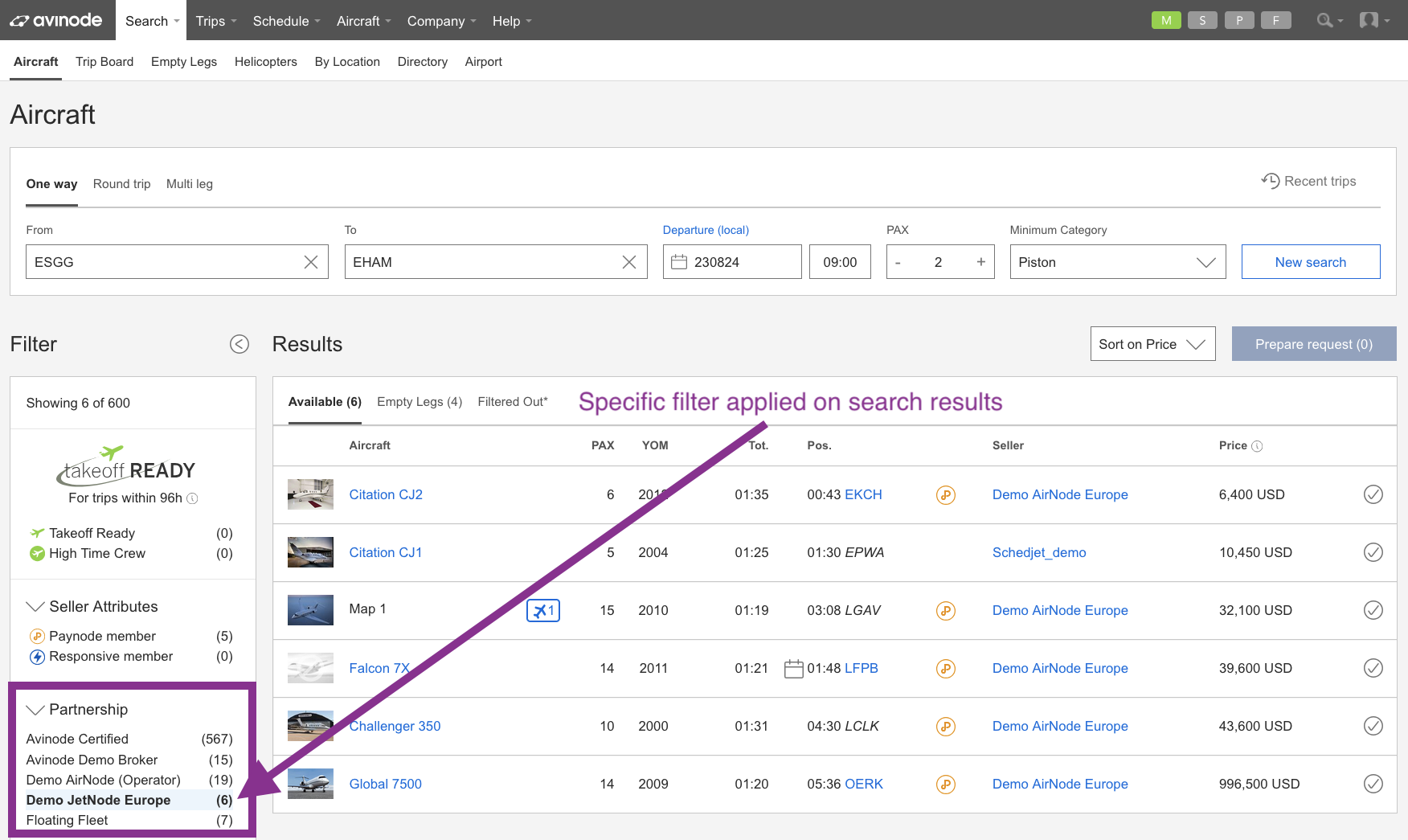 Applying a partnership filter within the Avinode Marketplace