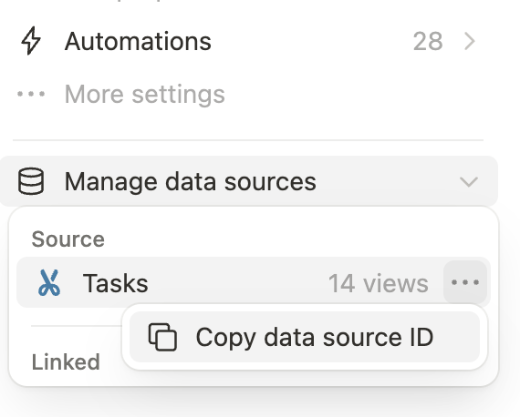 Screenshot of the "Manage data sources" menu for a database in Notion, with "Copy data source ID" button.