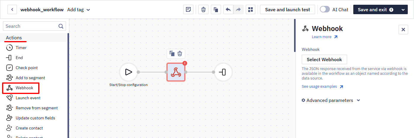 Workflow editor left sidebar with the Other tab expanded and the Webhook block highlighted