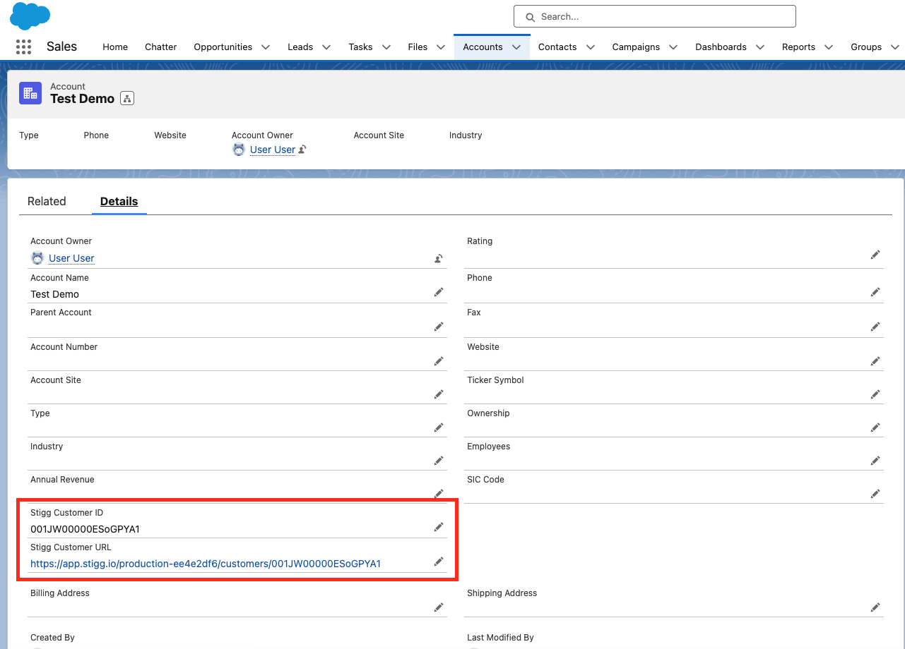 Account in Salesforce has a link to the customer in Stigg