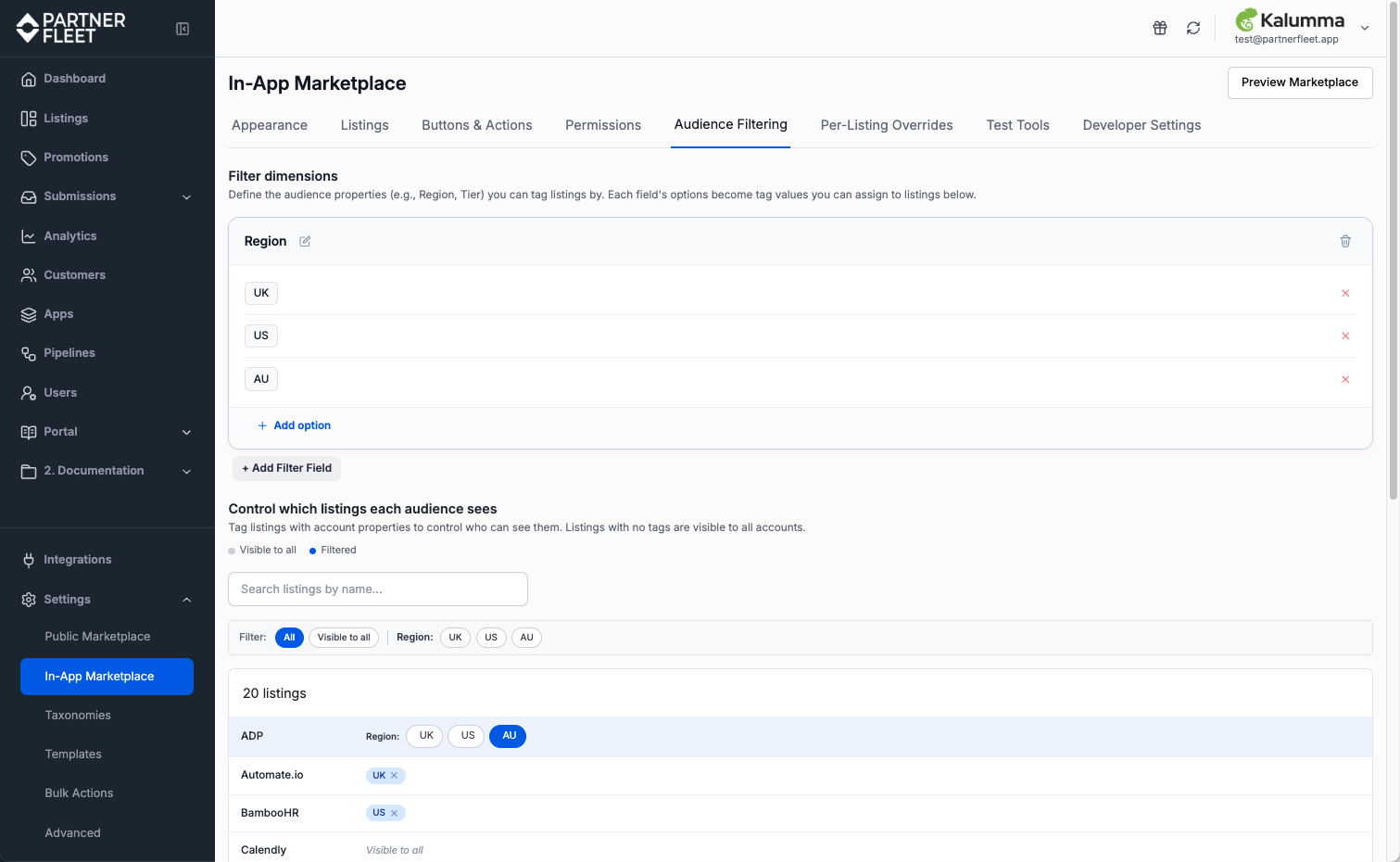 In-App Marketplace Audience Filtering tab showing listing visibility controls and audience filter fields