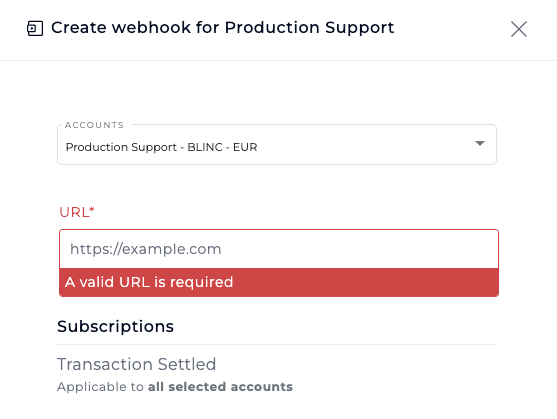 Create webhook modal showing the URL field for entering the destination endpoint
