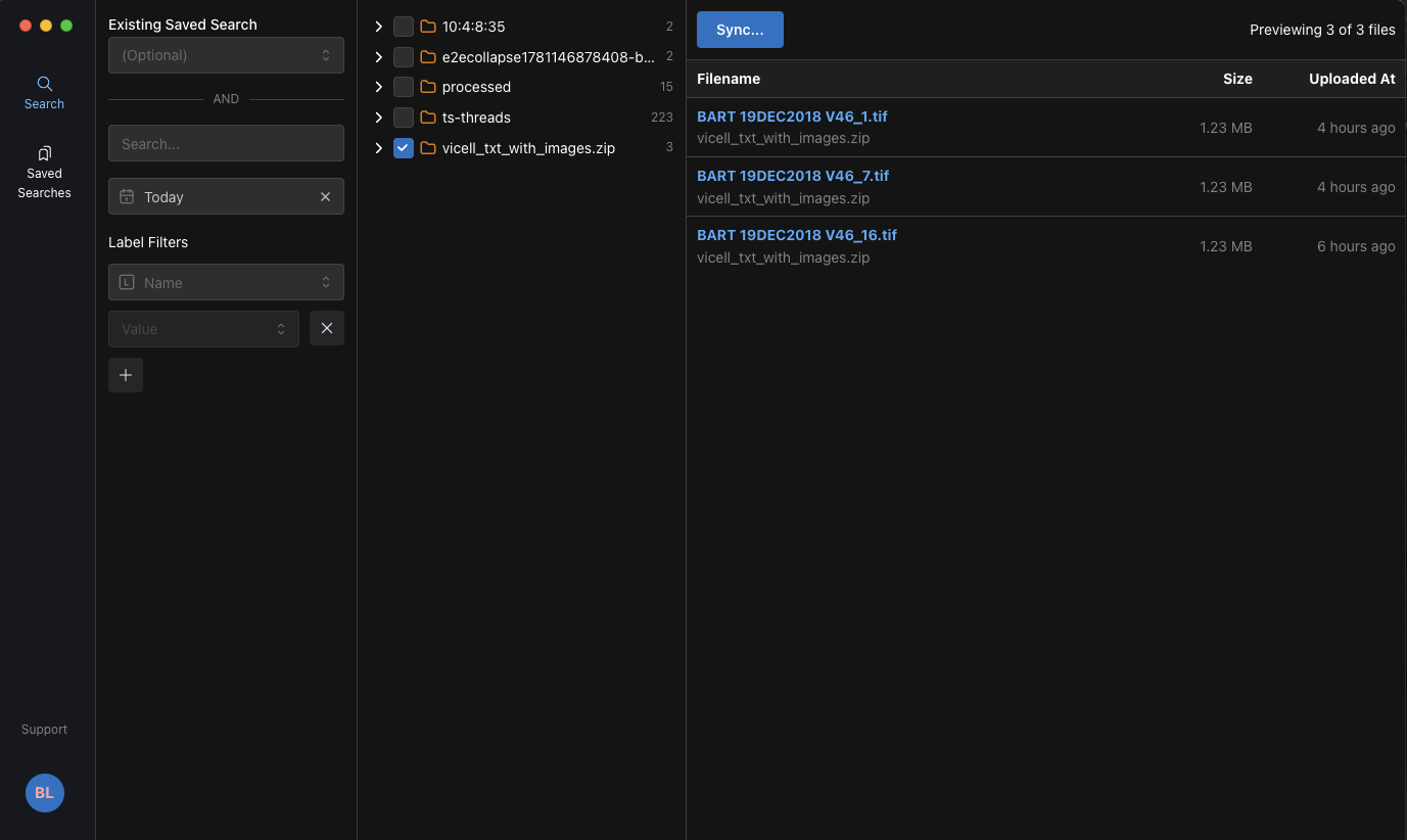 Data Sync Utility Search page showing filters, the folder tree with file selection, and the Sync button
