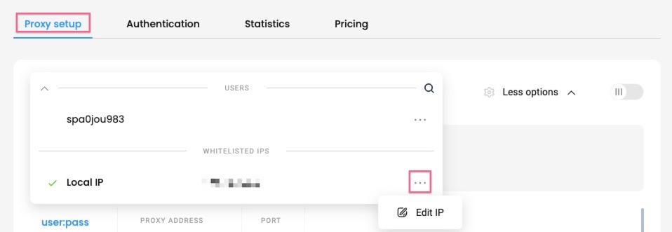 Proxy section – whitelisted IP management.