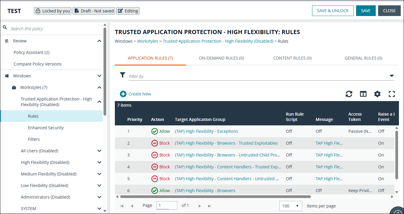 TAP workstyle showing the blocked applications