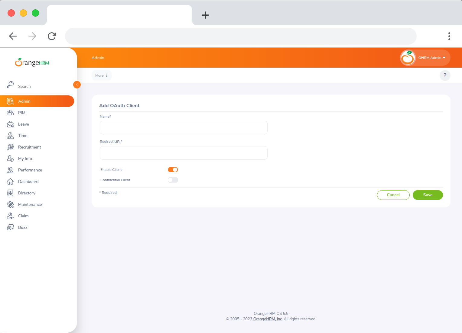 Add OAuth Client page