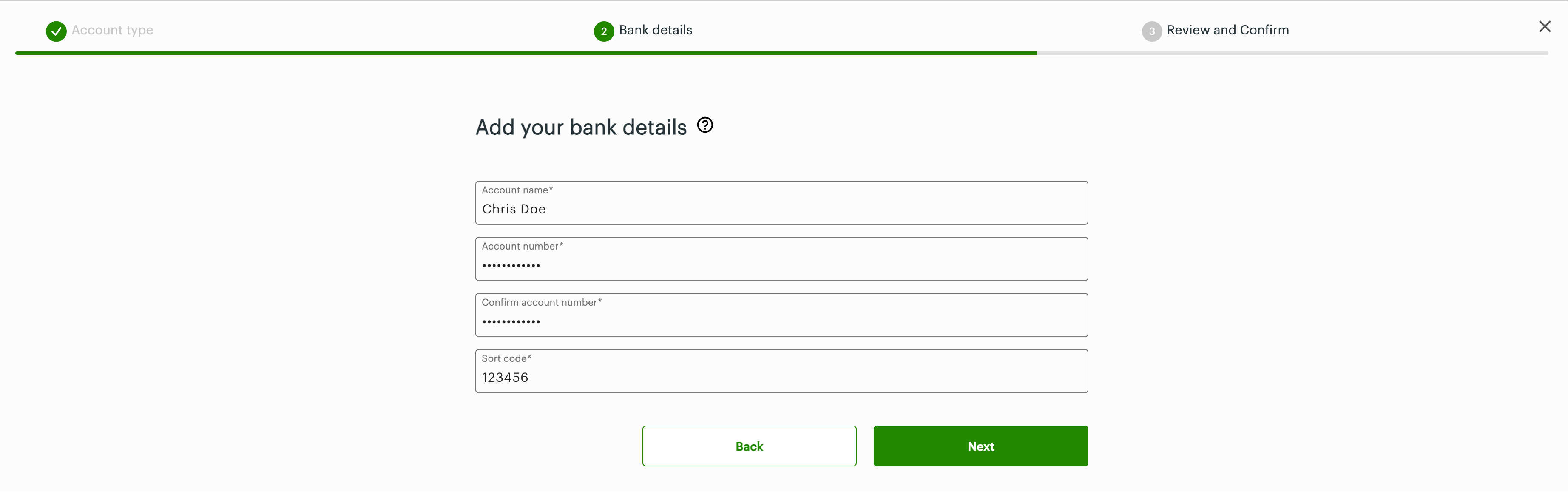 Add your bank details: Sort code - UK