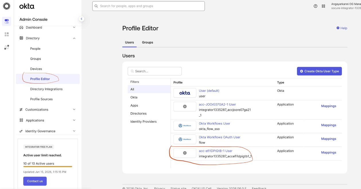 Okta Profile Editor with the SAML application selected