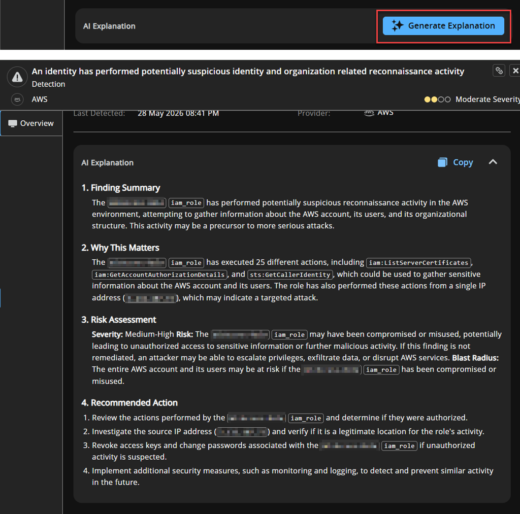 AI Explanation panel showing a finding summary, risk assessment, and recommended actions for a suspicious AWS identity