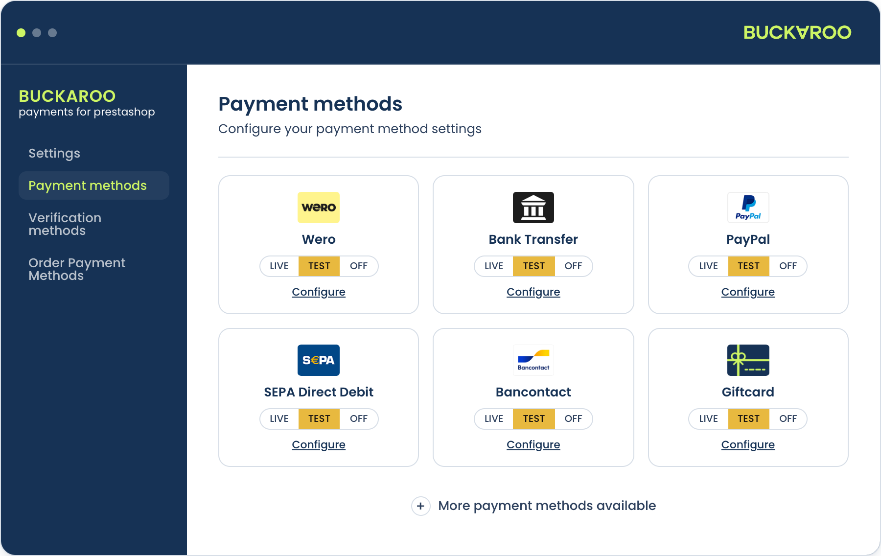 PrestaShop plugin payment methods settings