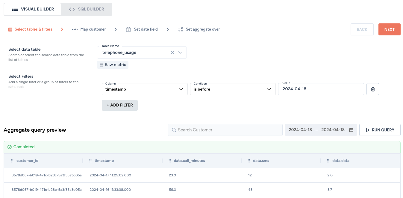 Fig. 9: A simple filter that fetches all data based on a `timestamp` filter: customer is `8578d067-b019-471c-b28c-5a3f35a3d05a` and the `timestamp` `is before` the date `2024-04-18`.