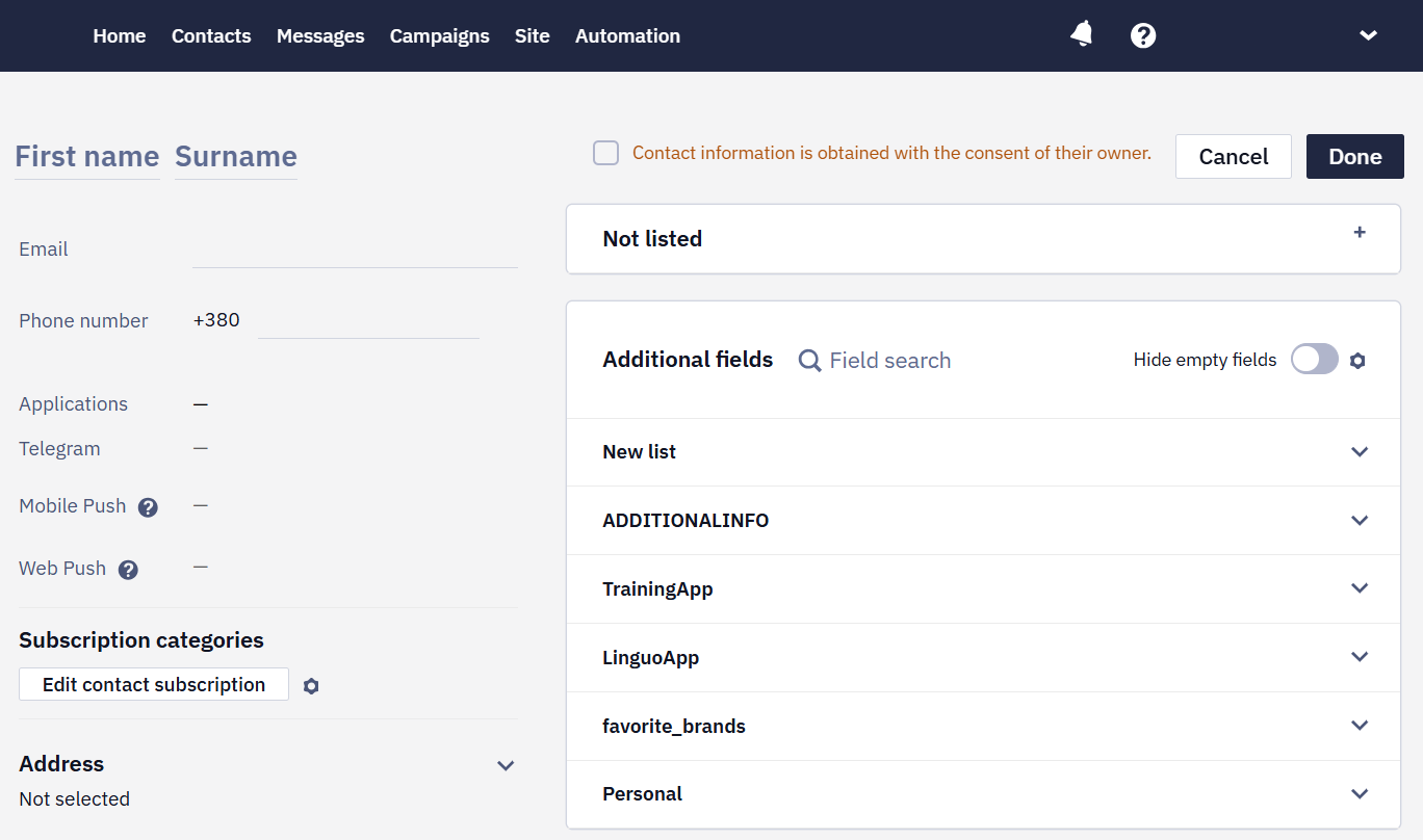 New contact form with personal information and list selection