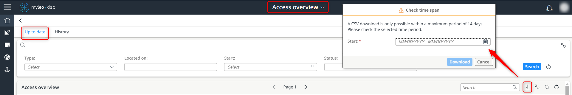 CSV download incl. selection of time period (example tab **Up to date**)