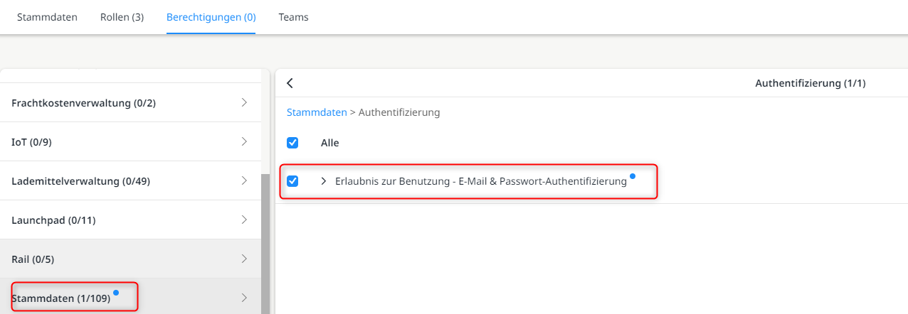 Notwendige Berechtigung zur Benutzung der E-Mail- und Passwort-Authentifizierung