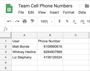 Lookup table with team members and numbers