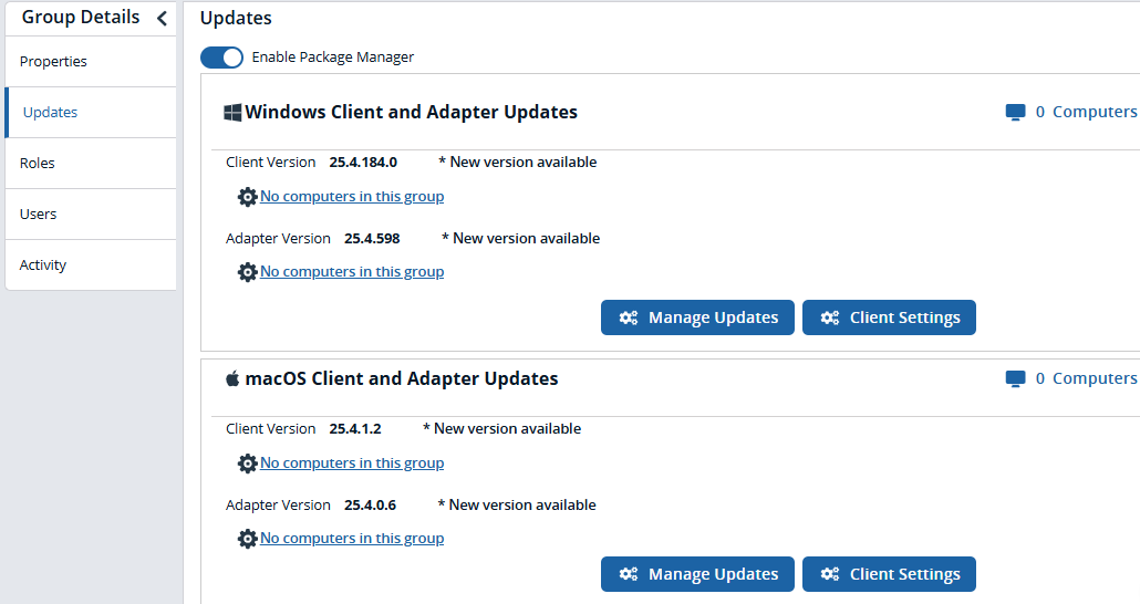 Updates tab showing Windows and macOS client and adapter version details, with Manage Updates and Client Settings buttons.