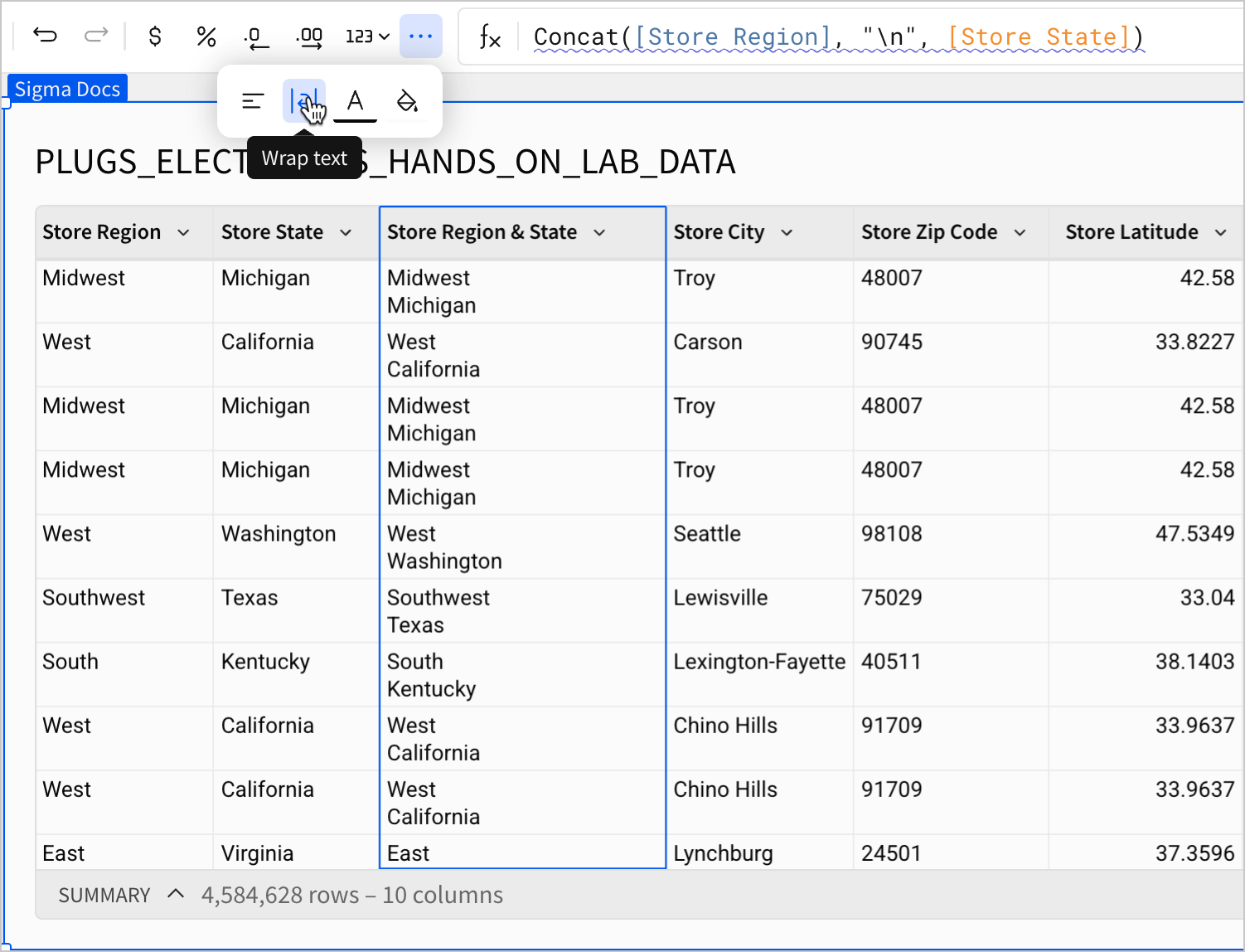 A table shows the output of the formula Concat([Store Region], "\n", [Store State]). A user hovers over wrap text to demonstrate that the output is on separate lines