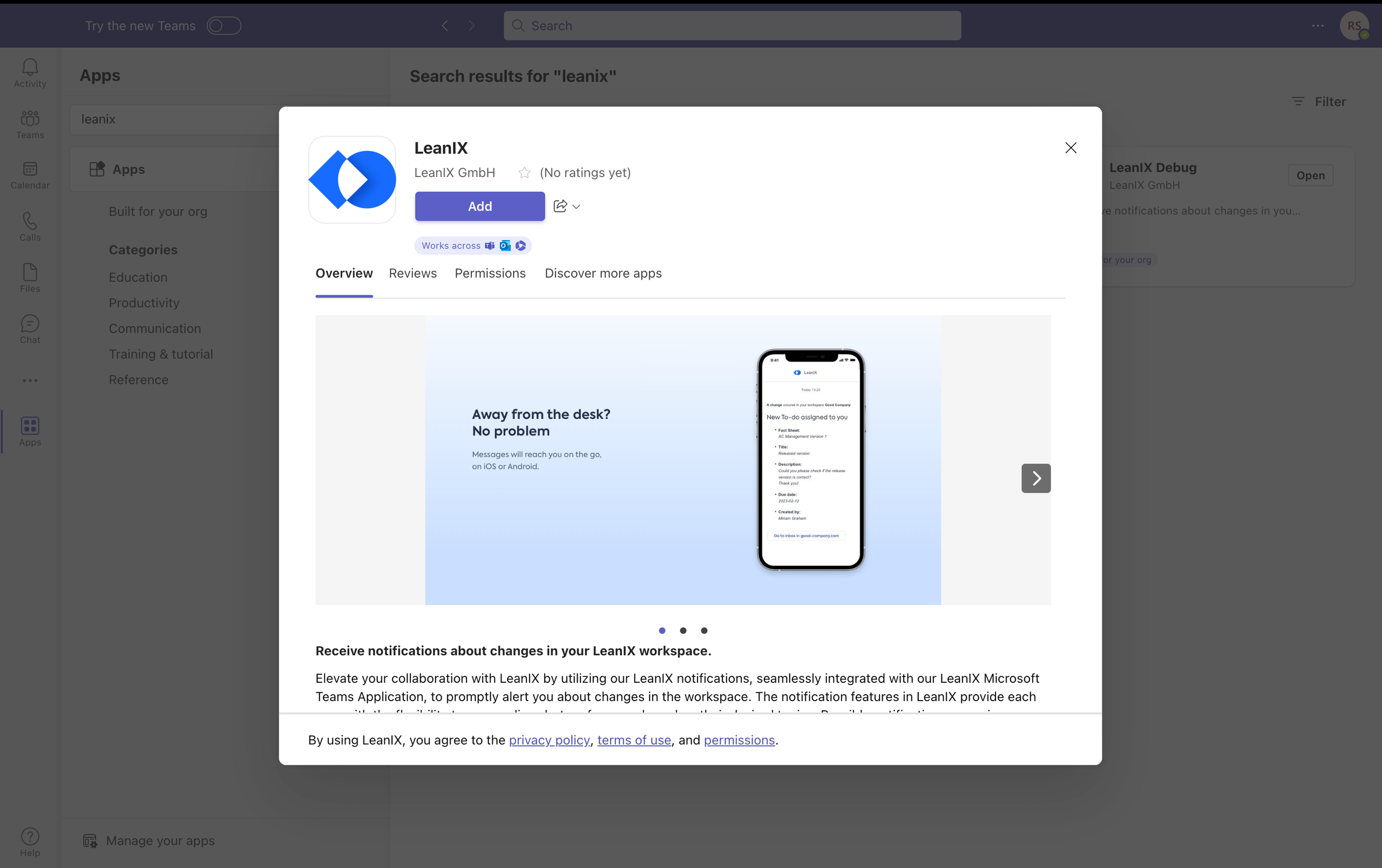 Adding LeanIX App to Microsoft Teams