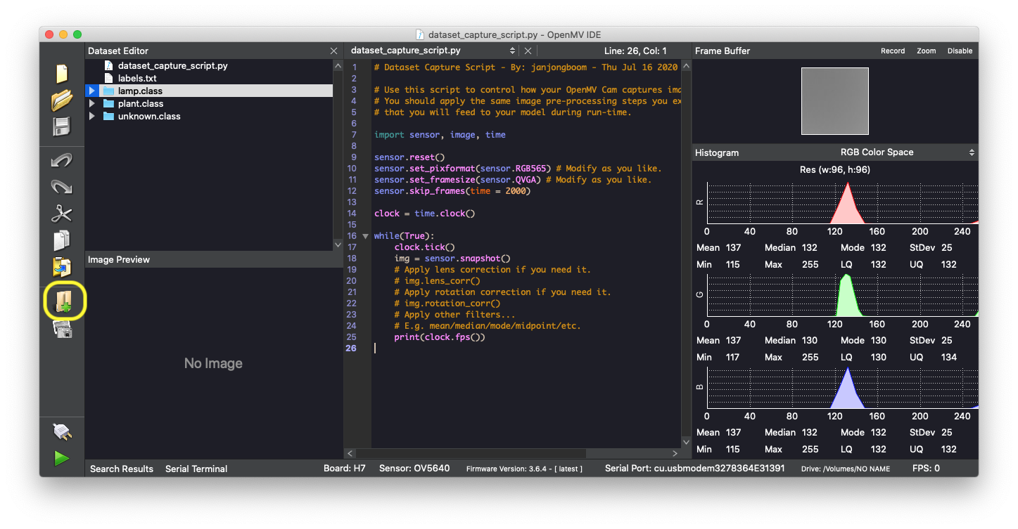 Screenshot 2020-07-16 at 13.49.02.png Create three classes in the OpenMV IDE by clicking the 'New class folder' (highlighted in yellow).