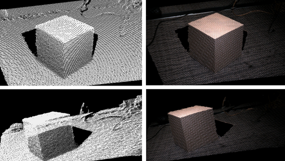 Figure 2. The 3D Point Cloud of the box captured in Figure 1. Left shows 3D mesh without color texture, and right shows the same scene with the image color texture applied. The top and bottom are different views seen by rotating the point-of-view. Note that this is a single capture, and not simply photos taken from different viewpoints. The black shadow is the information missing due to occlusions when the photo was taken, i.e. the back of the box is of course not visible.