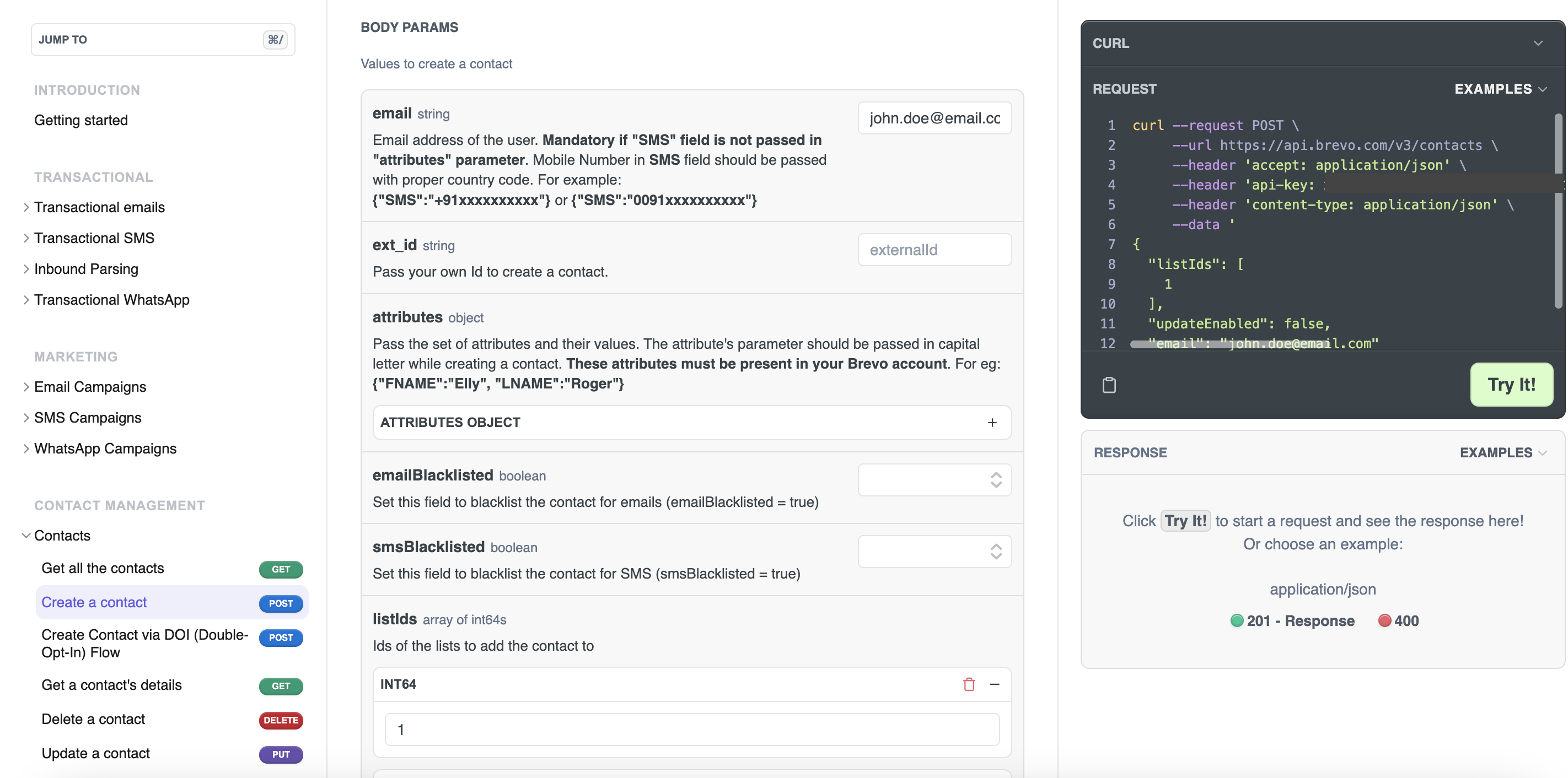 Trying the endpoint using the API reference interface, the response is displayed in the right panel.