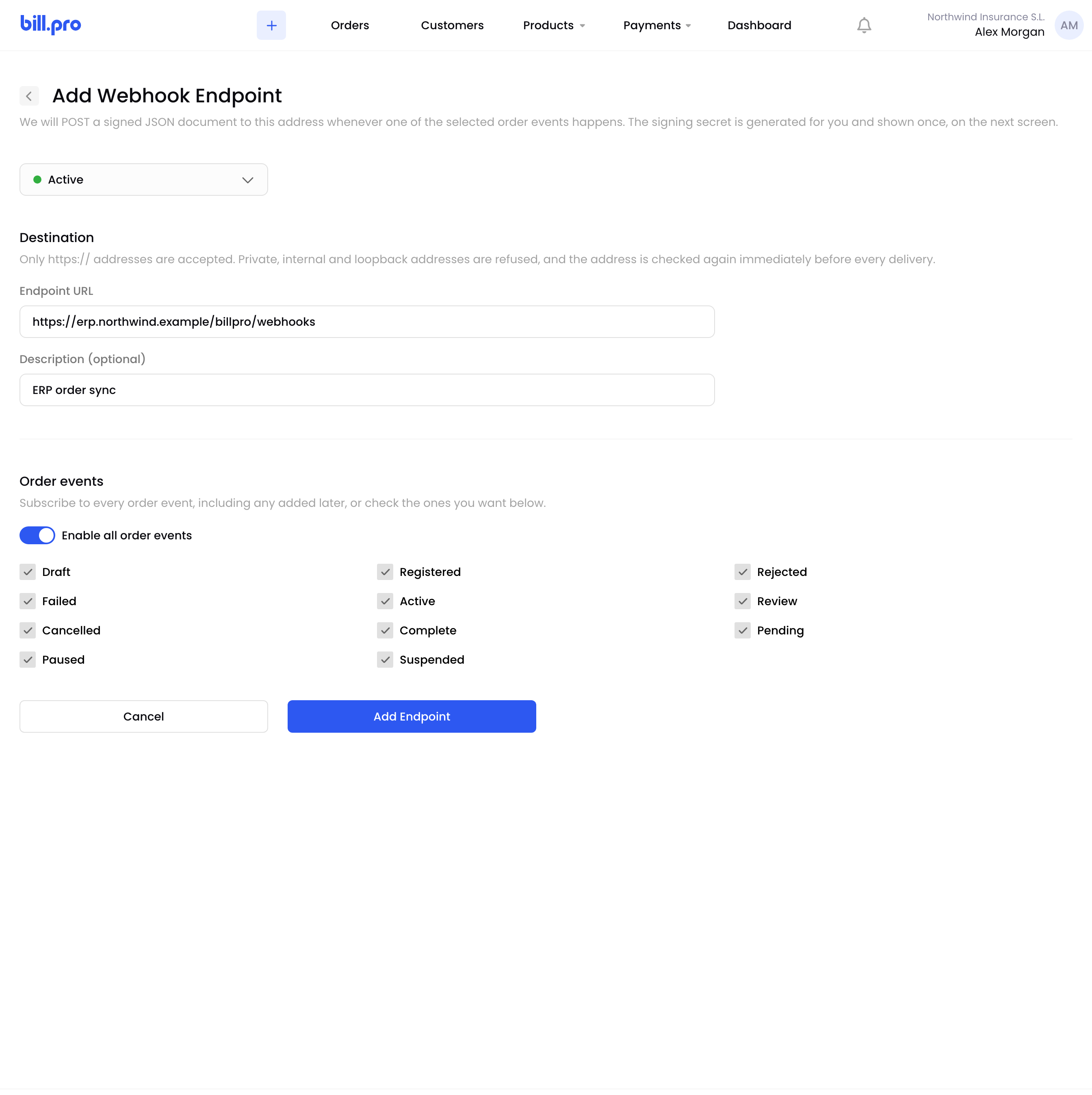 The Add Webhook Endpoint form