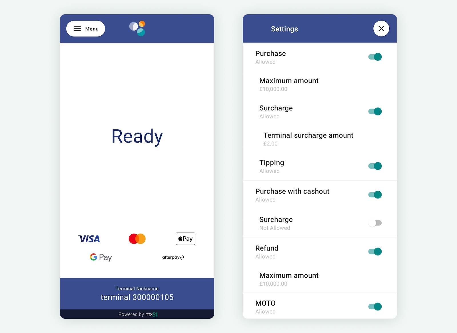 Screenshot of the Gecko Bank app on the homepage (Left) and screenshot of the MXA Settings app displaying various settings (Right).