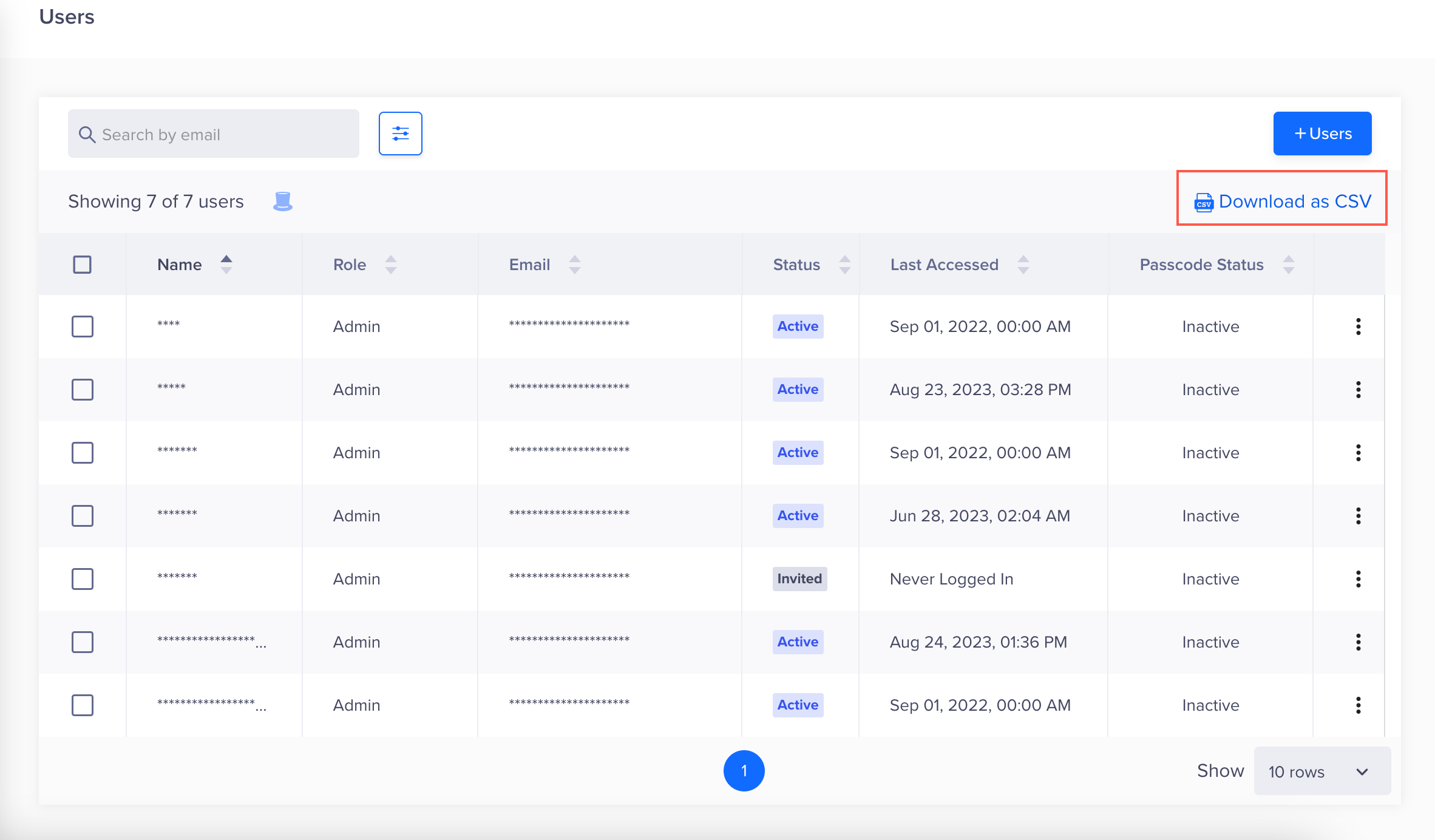 A dashboard image showing the option to download user list as CSV