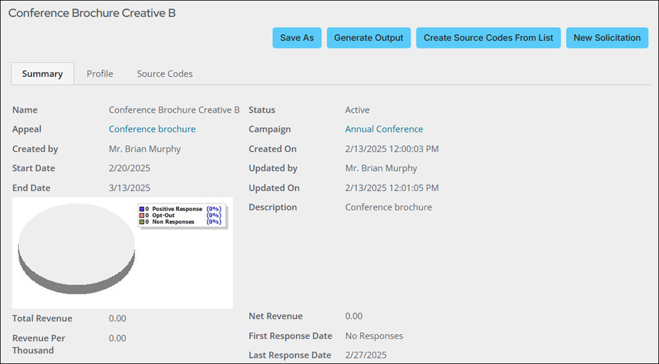 The summary tab of the "Conference Brochure Creative B" solicitation displays the details defined in step five.