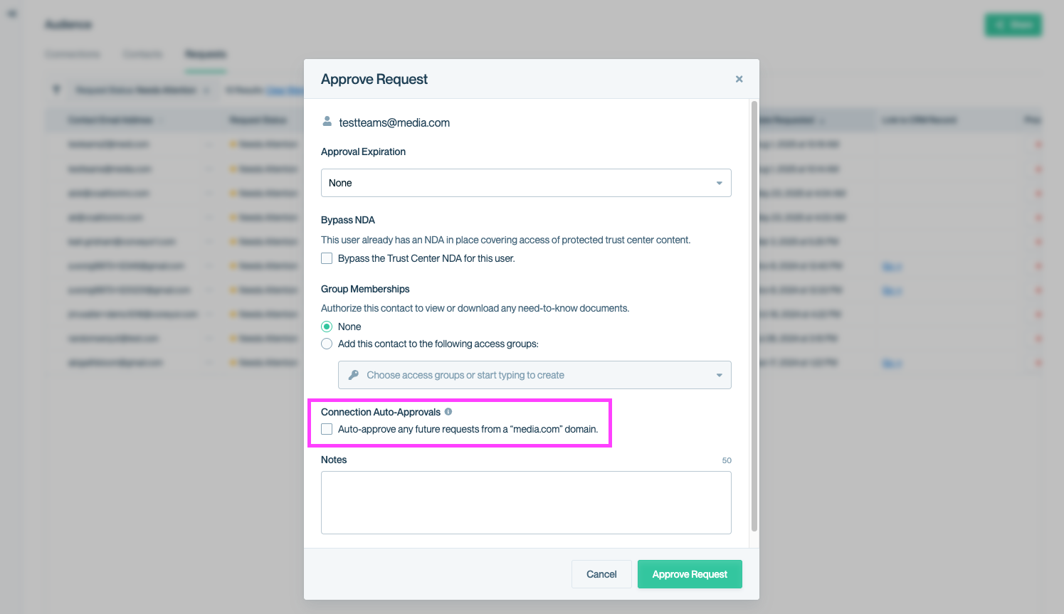 Access request approval modal in Conveyor with Auto-approve option enabled.