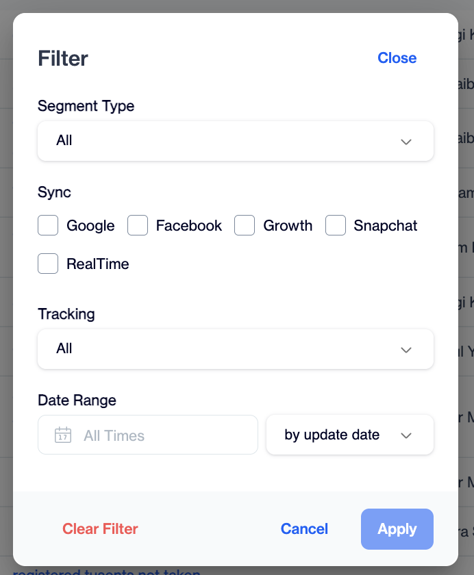 Segment list Filter dialog with the RealTime option under Sync.