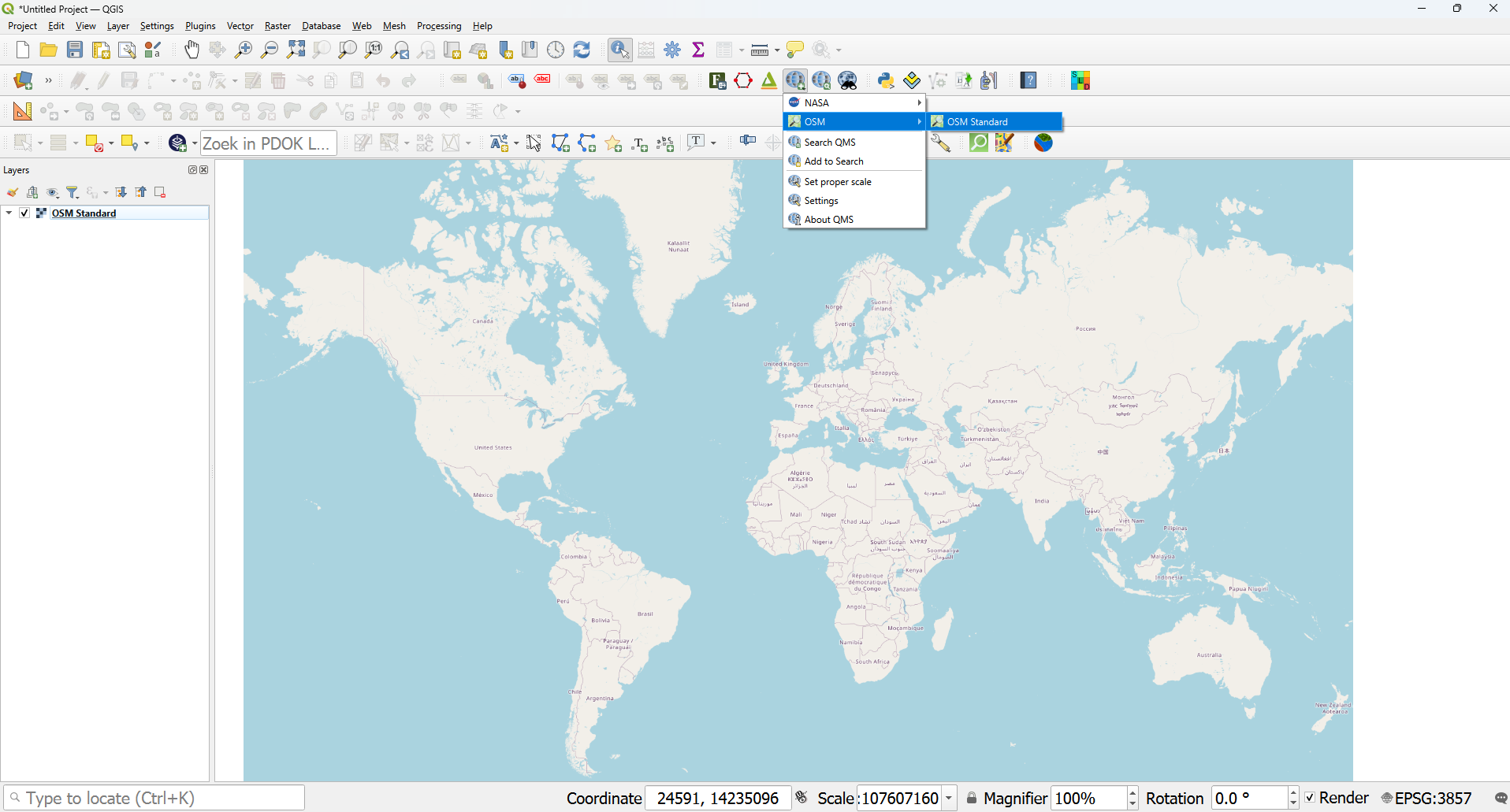 Figuur 1 - QGIS openen en basiskaart toevoegen.