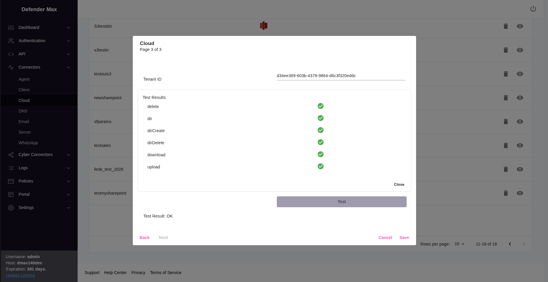 Successful connection test result
