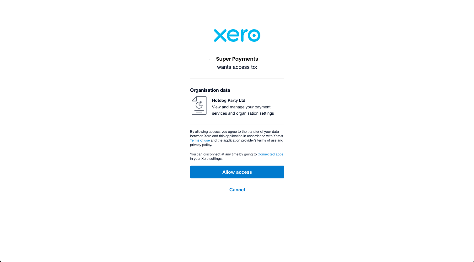 Allow Super Payments to access your Xero organisation