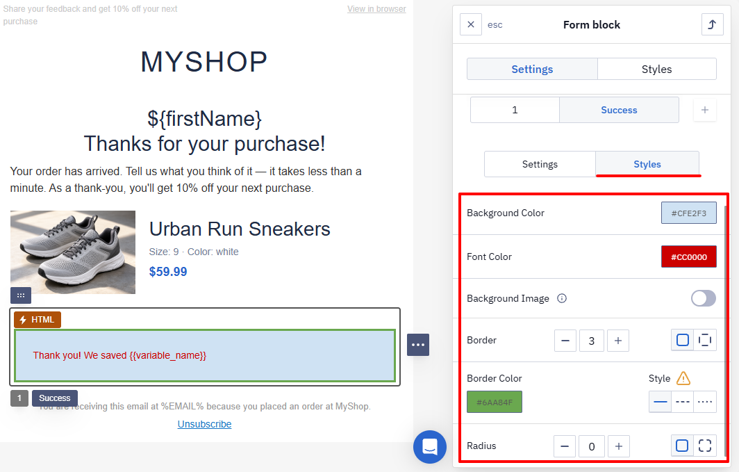 Styles tab in the success message settings