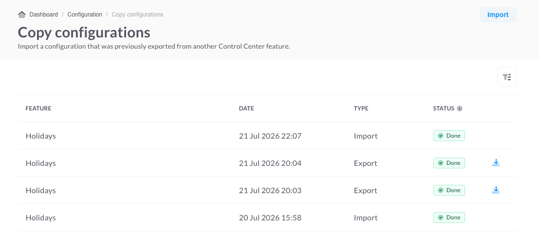 Screenshot showing the Copy configurations screen