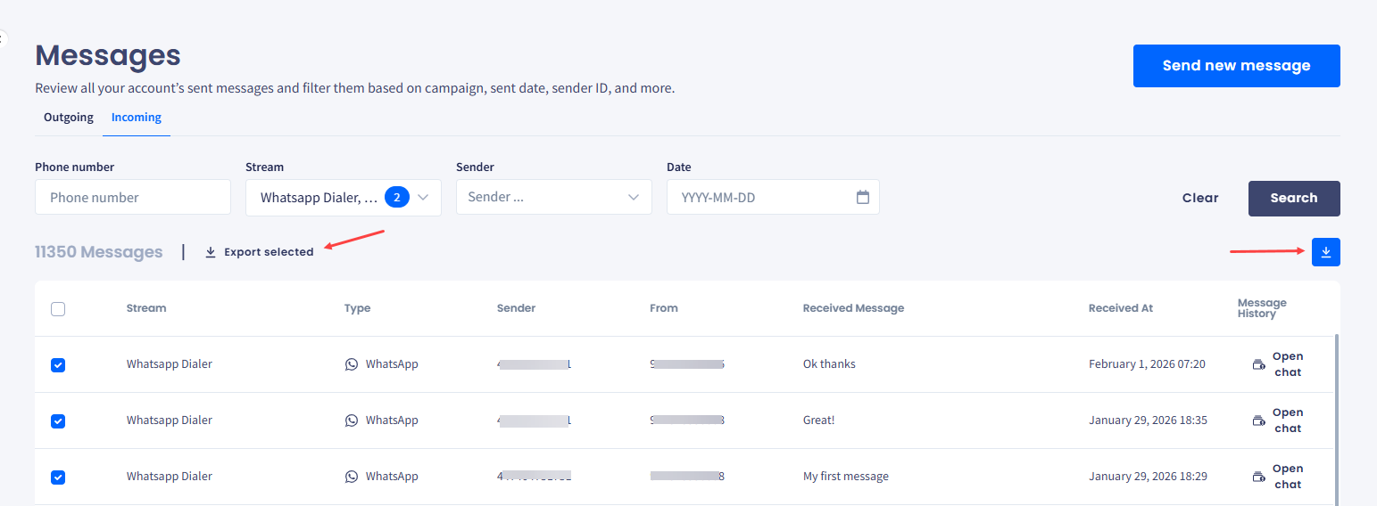Screenshot of the exporting selected records or whole table