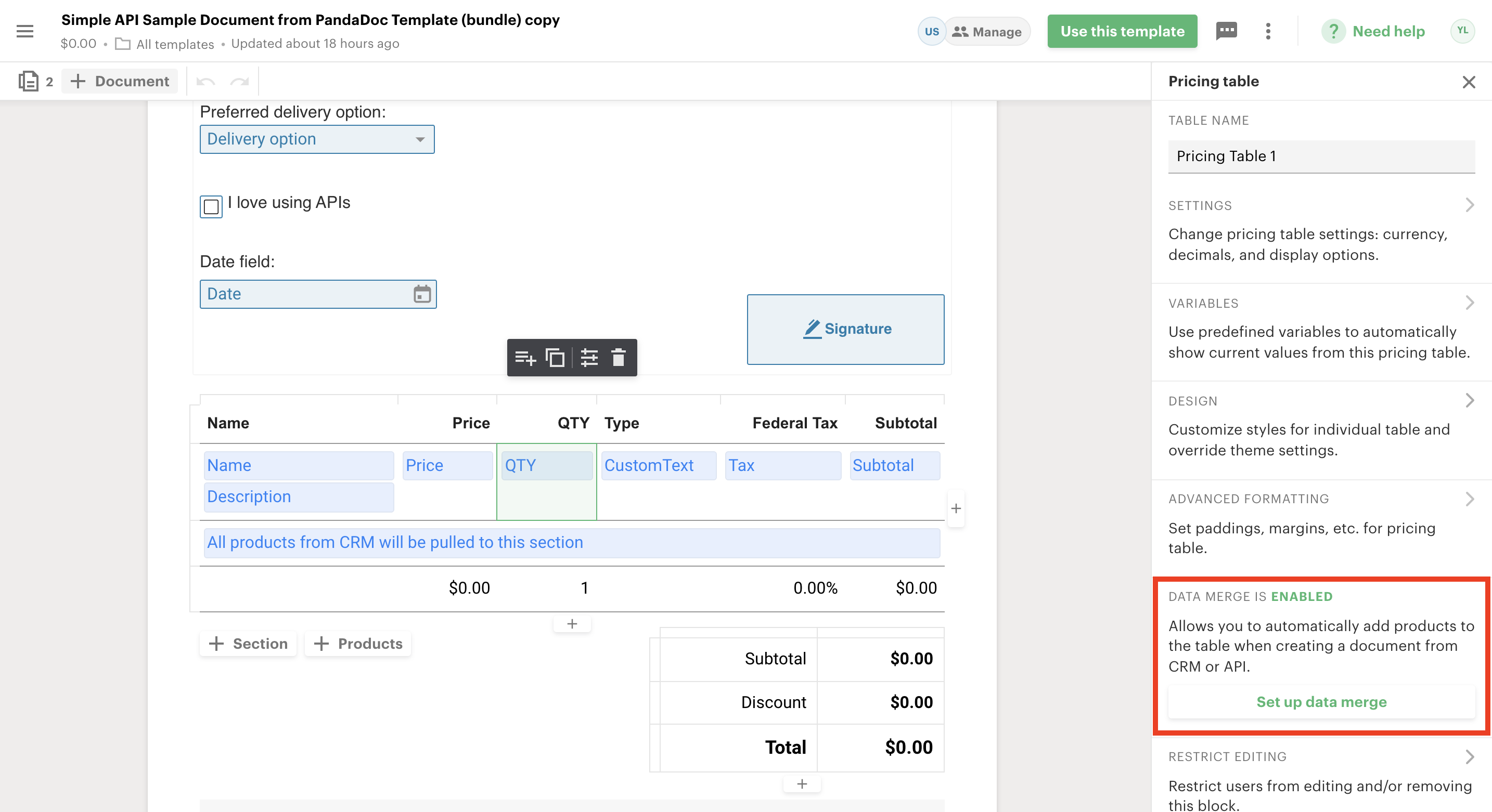 Template -> Pricing Table Settings -> Set up data merge