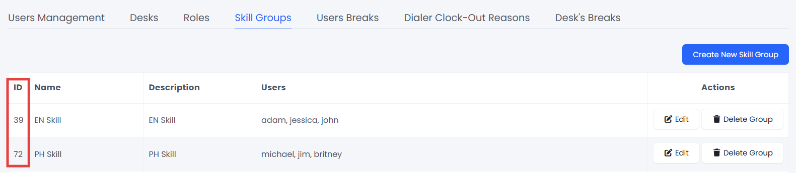 Screenshot of the Skill Groups tab in Users Management