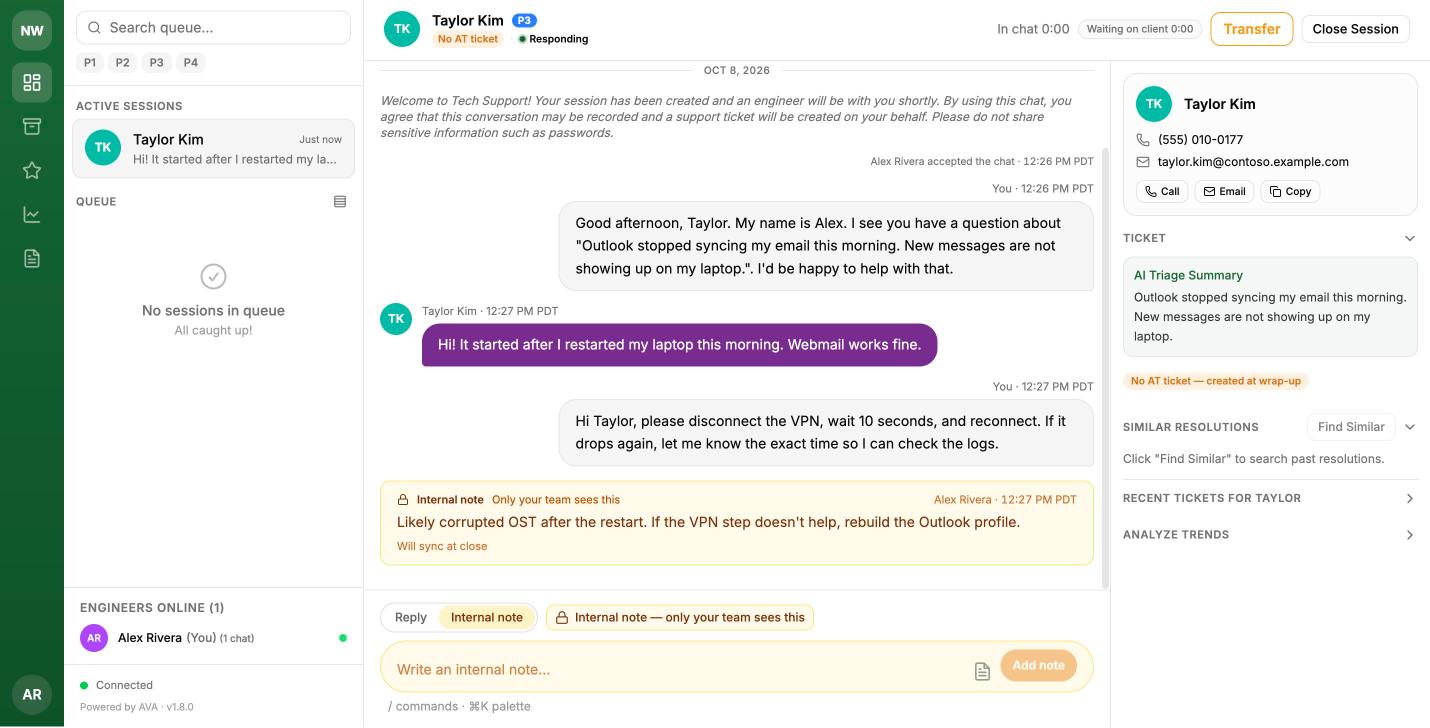 An internal note card in the transcript, marked "Will sync at close"