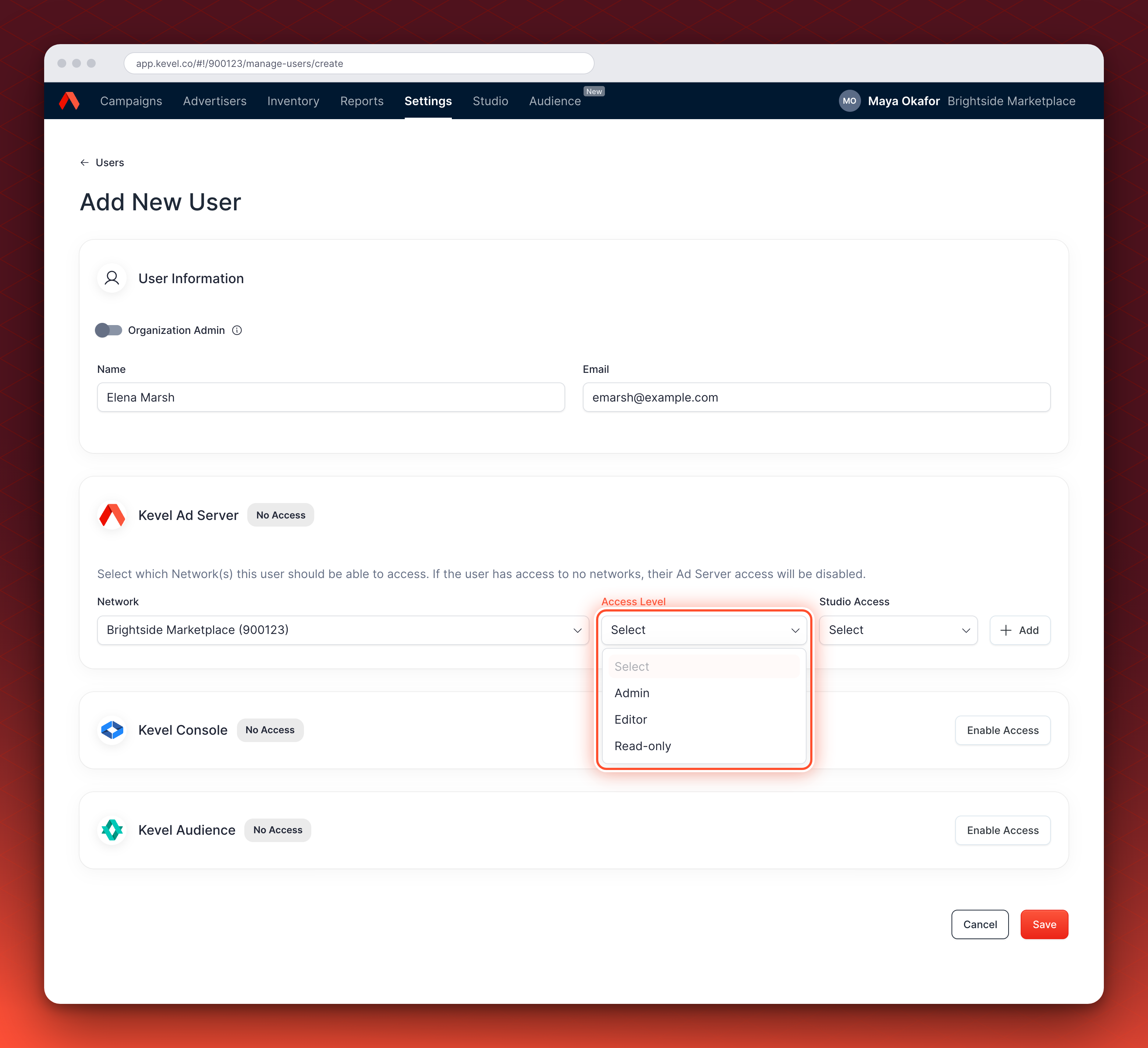 The Kevel Ad Server card on the Add New User page, with the Access Level list open and circled. The list shows Admin, Editor, and Read-only.