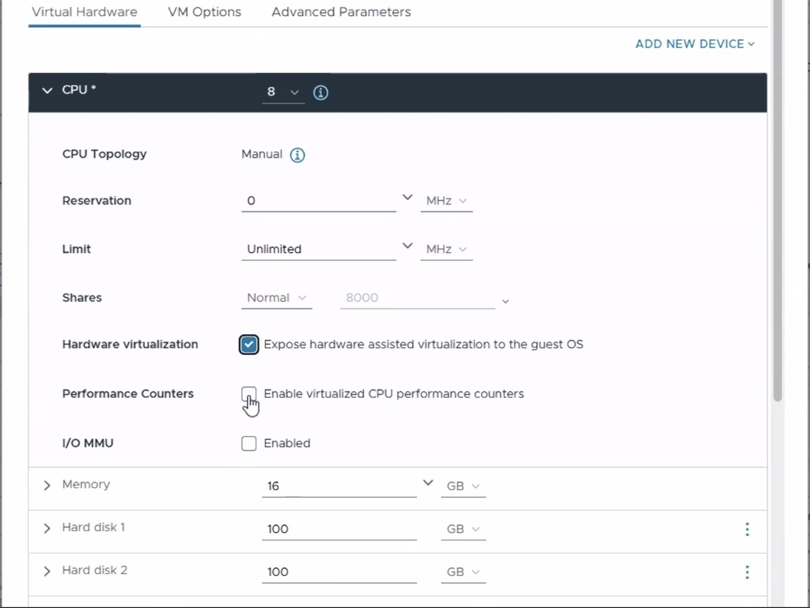 vSphere: CPU → Expose hardware assisted virtualization to the guest OS