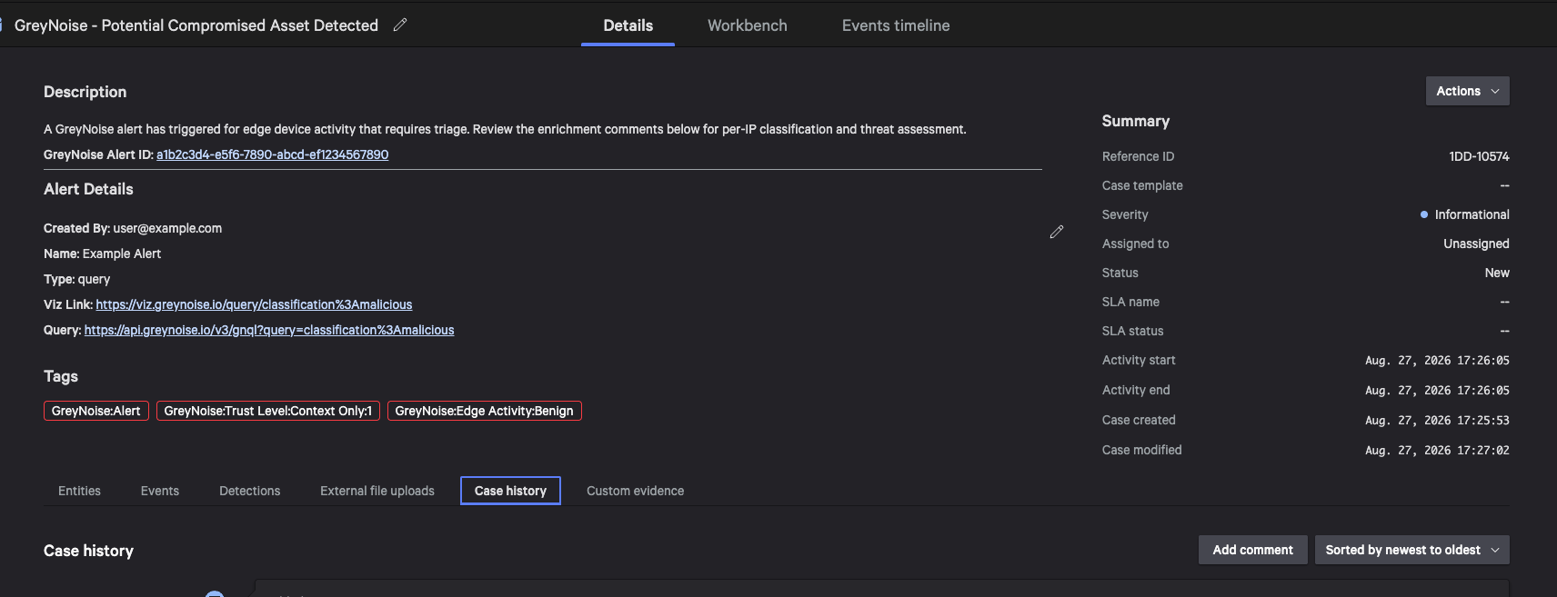 NG-SIEM case created from a GreyNoise IP alert webhook